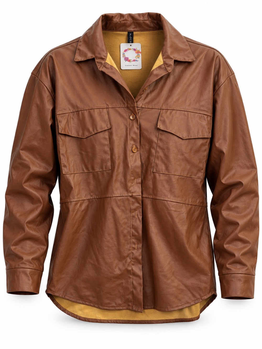 NWT Forever Cognac Faux Leather Shacket Womens Large Brown Button Shirt Jacket
